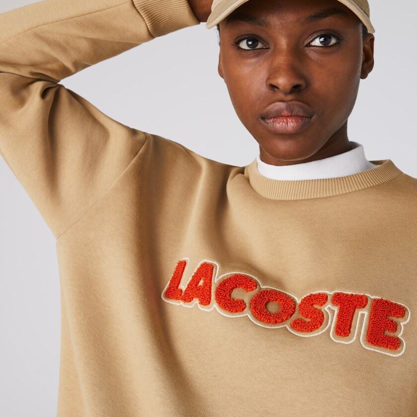 Women's Lacoste Beige Sweatshirts Crew Neck Embroidered Fleece VV2-84718N9