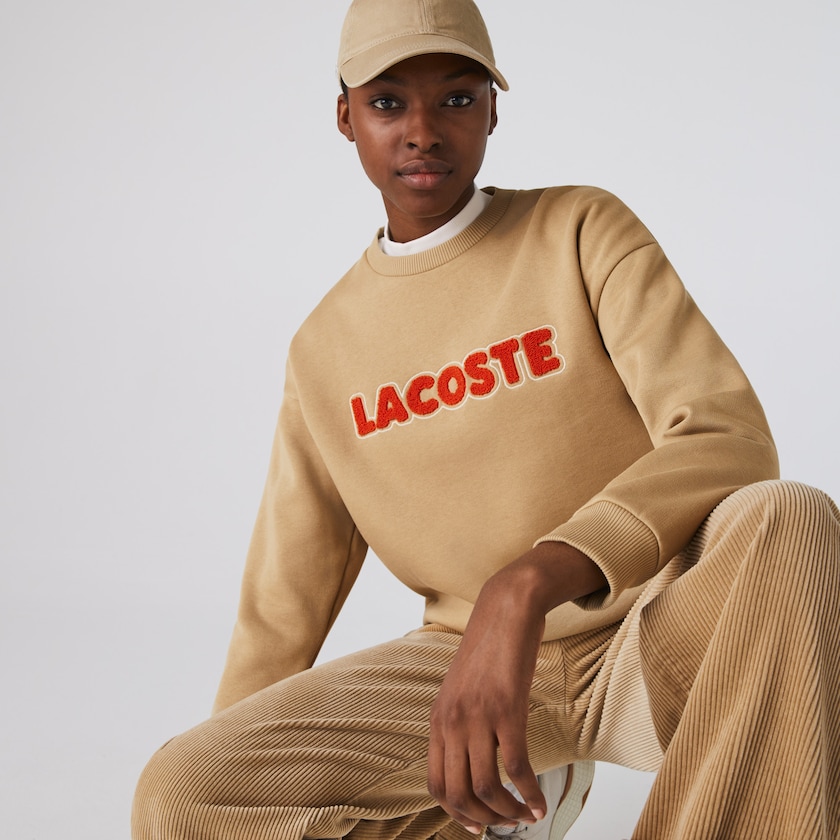 Women's Lacoste Beige Sweatshirts Crew Neck Embroidered Fleece VV2-84718N9