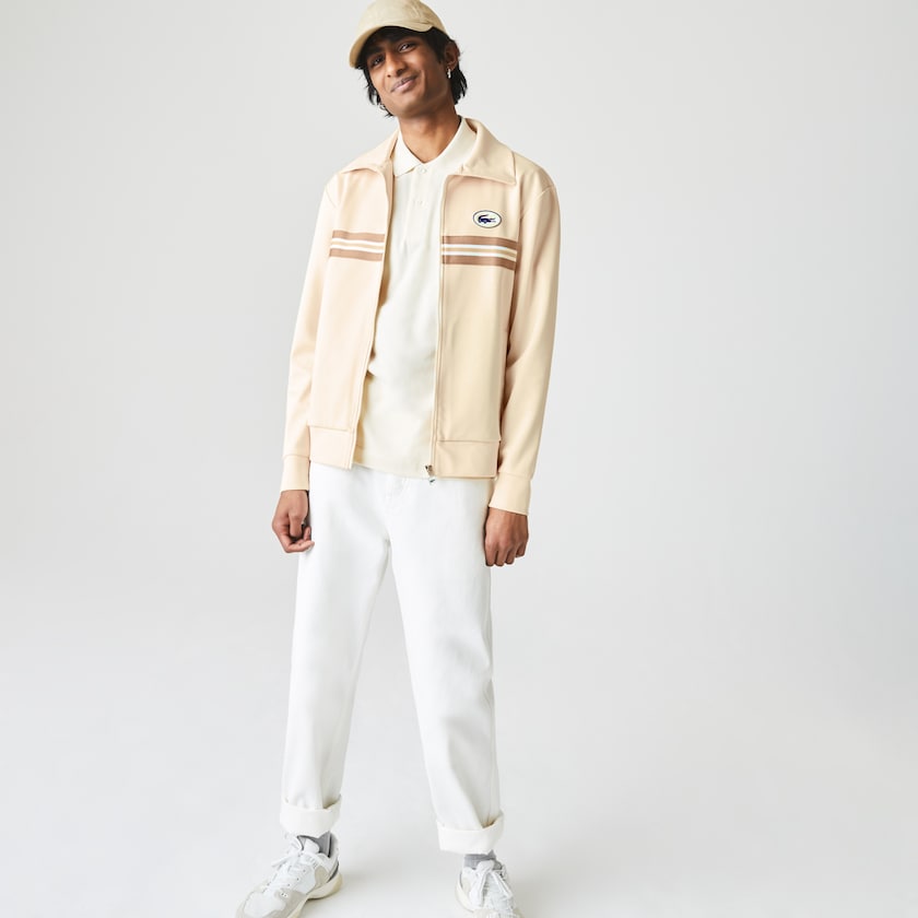 Men's Lacoste Beige Sweatshirts Heritage Striped Zip-Up GW7-92869X7