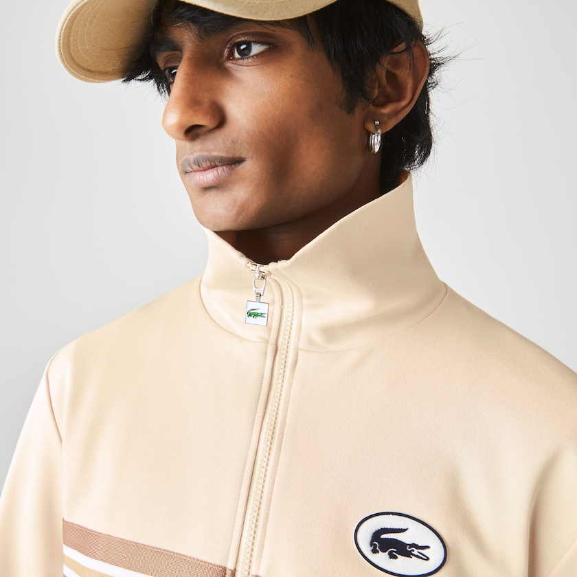 Men's Lacoste Beige Sweatshirts Heritage Striped Zip-Up GW7-92869X7