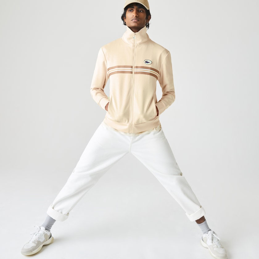Men's Lacoste Beige Sweatshirts Heritage Striped Zip-Up GW7-92869X7