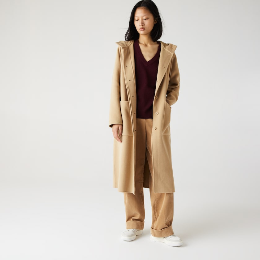 Women's Lacoste Beige Coats Hooded Zippered Long Wool Blend UL9-06760B5