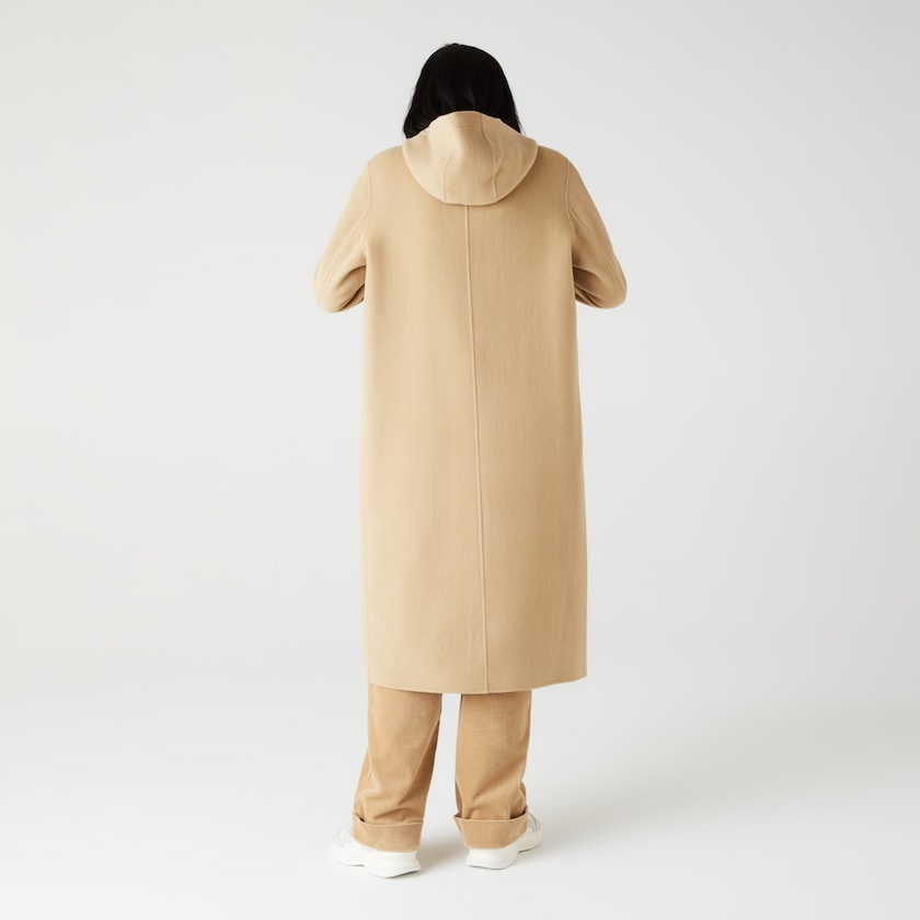 Women's Lacoste Beige Coats Hooded Zippered Long Wool Blend UL9-06760B5