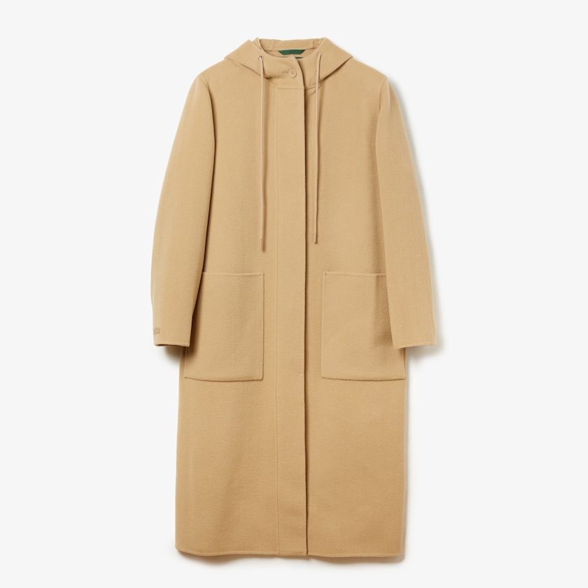 Women's Lacoste Beige Coats Hooded Zippered Long Wool Blend UL9-06760B5