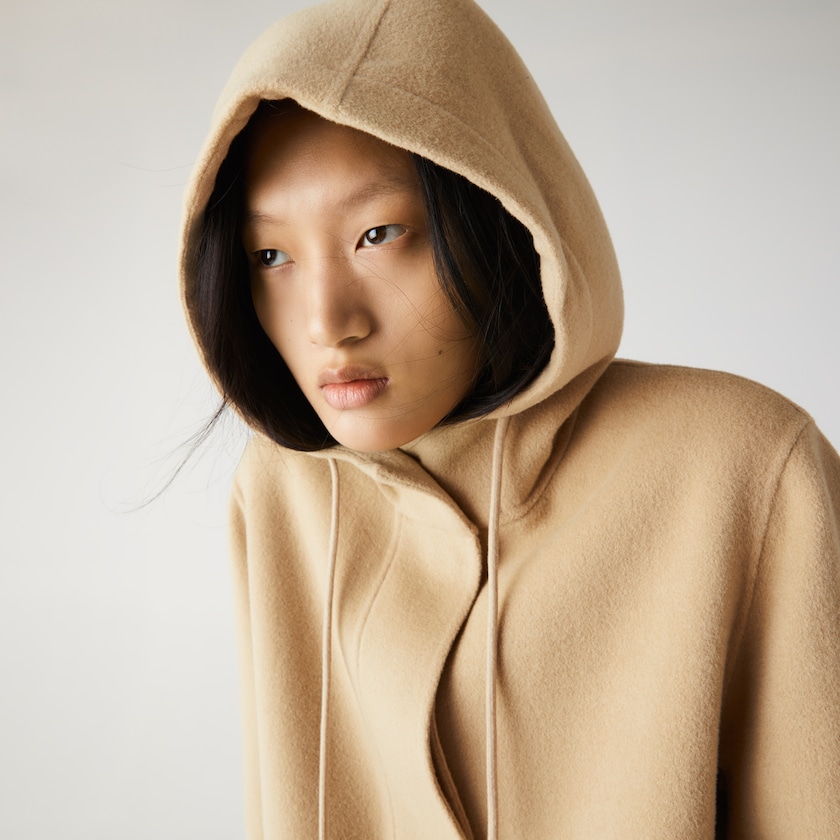 Women's Lacoste Beige Coats Hooded Zippered Long Wool Blend UL9-06760B5