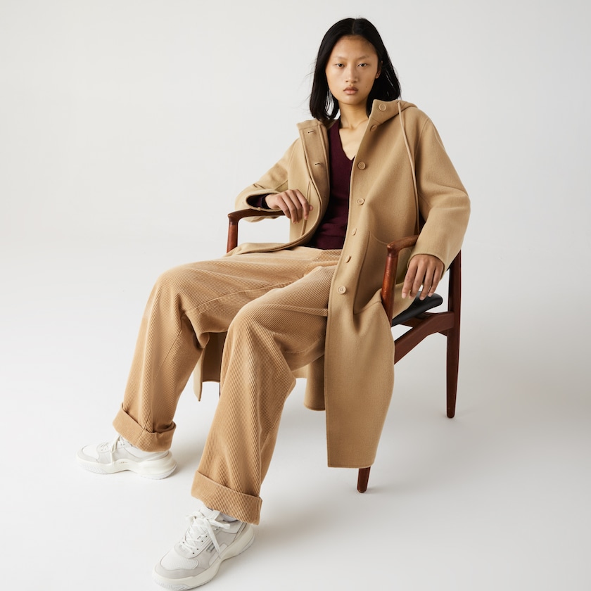 Women's Lacoste Beige Coats Hooded Zippered Long Wool Blend UL9-06760B5