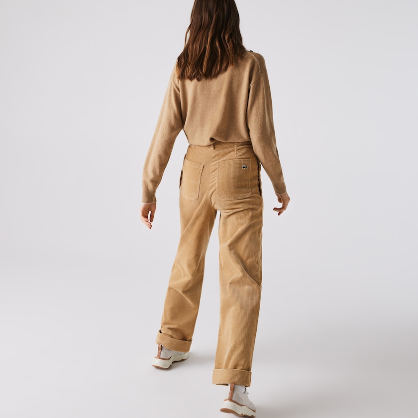 Women's Lacoste Beige Pants LIVE High-Waisted Loose Ribbed Velvet FP2-24572T3