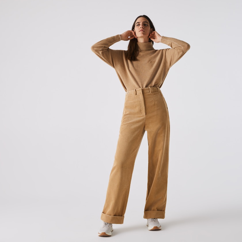 Women's Lacoste Beige Pants LIVE High-Waisted Loose Ribbed Velvet FP2-24572T3