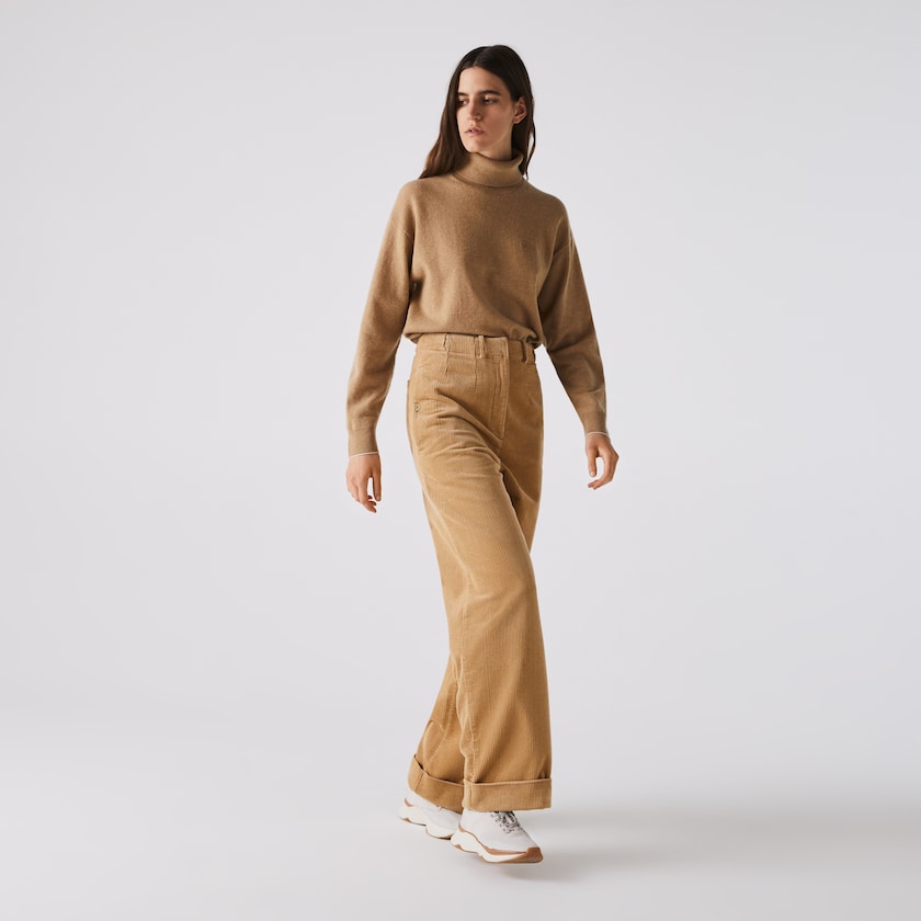 Women's Lacoste Beige Pants LIVE High-Waisted Loose Ribbed Velvet FP2-24572T3