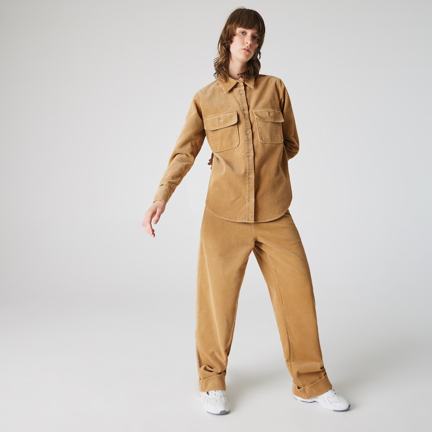 Women's Lacoste Beige Shirts LIVE Pockets Ribbed Velvet ZI4-65416T8
