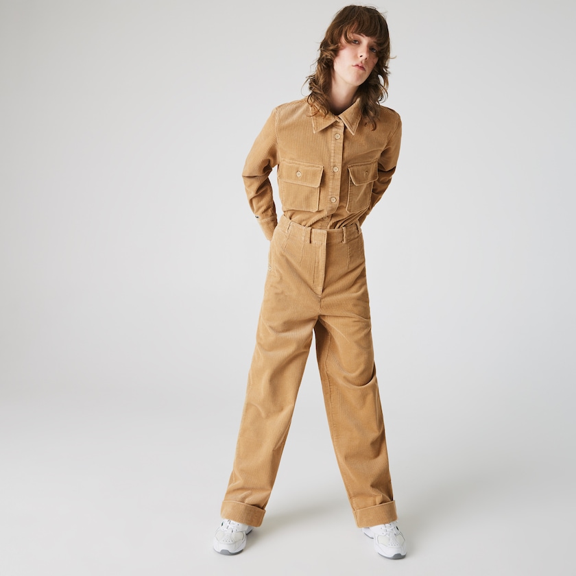 Women's Lacoste Beige Shirts LIVE Pockets Ribbed Velvet ZI4-65416T8
