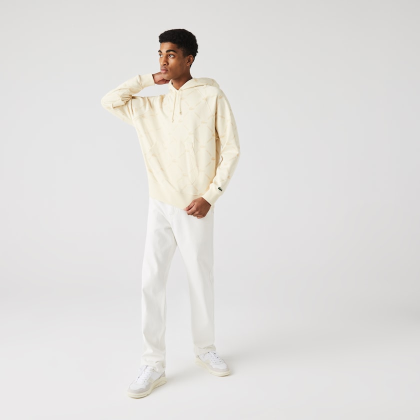 Women's Lacoste Beige Sweatshirts LIVE Relaxed Fit Hooded Monogram Cotton SG5-44334G5