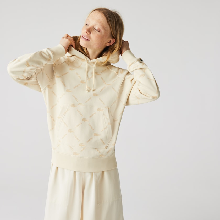 Women's Lacoste Beige Sweatshirts LIVE Relaxed Fit Hooded Monogram Cotton SG5-44334G5