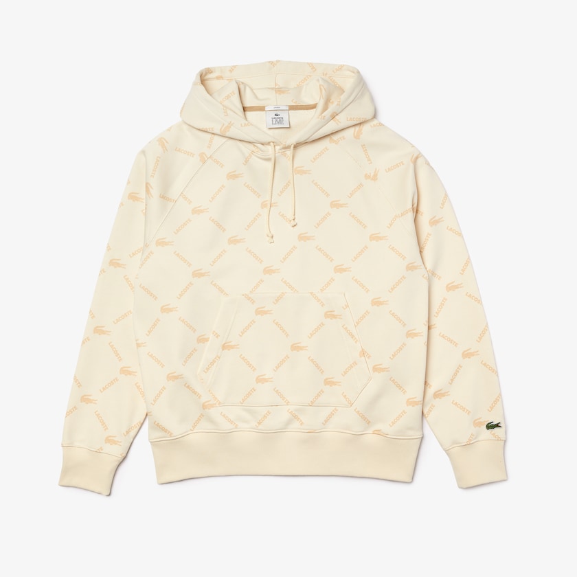 Women's Lacoste Beige Sweatshirts LIVE Relaxed Fit Hooded Monogram Cotton SG5-44334G5