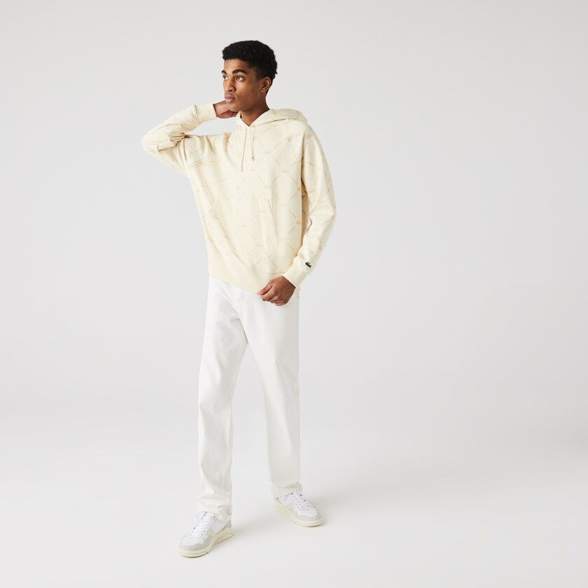 Men's Lacoste Beige Sweatshirts LIVE Relaxed Fit Hooded Monogram Cotton HY6-03060C1