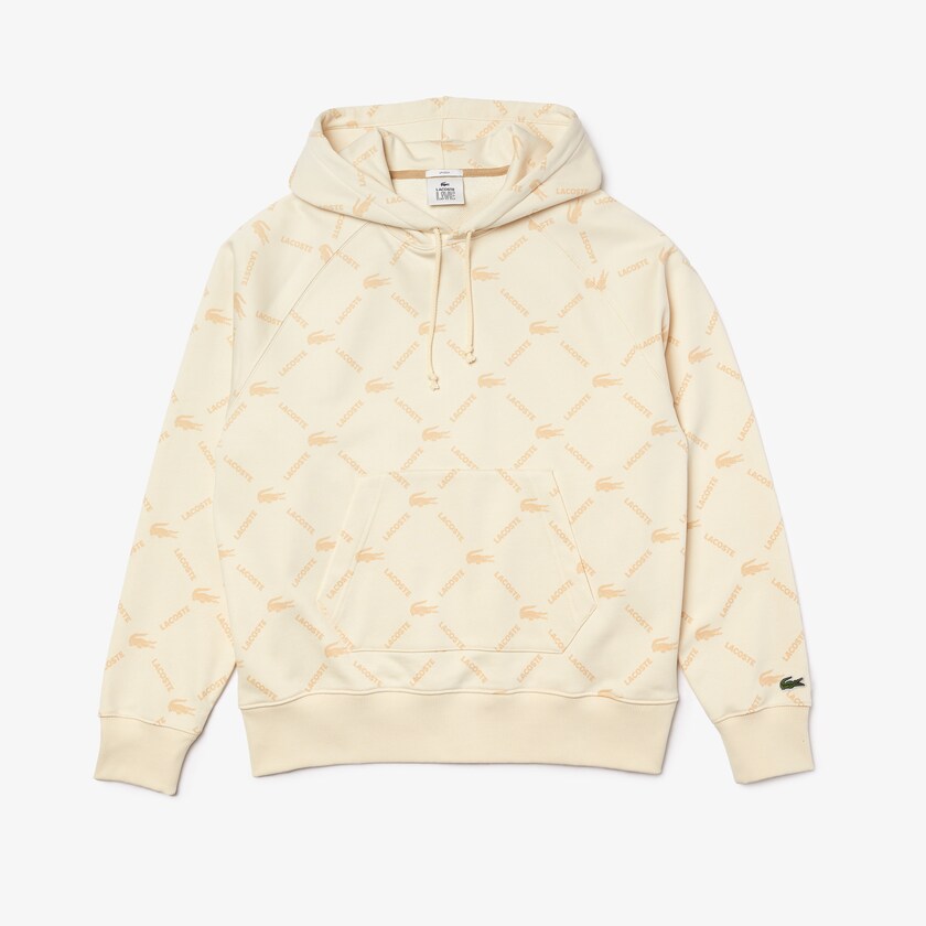 Men's Lacoste Beige Sweatshirts LIVE Relaxed Fit Hooded Monogram Cotton HY6-03060C1