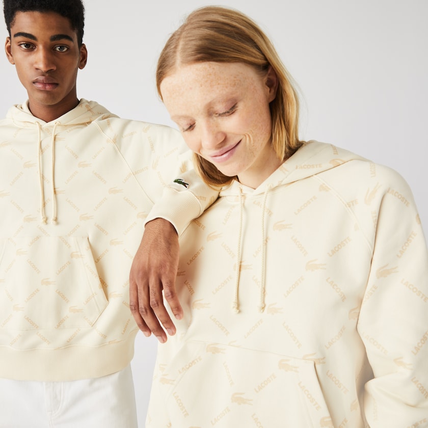 Men's Lacoste Beige Sweatshirts LIVE Relaxed Fit Hooded Monogram Cotton HY6-03060C1