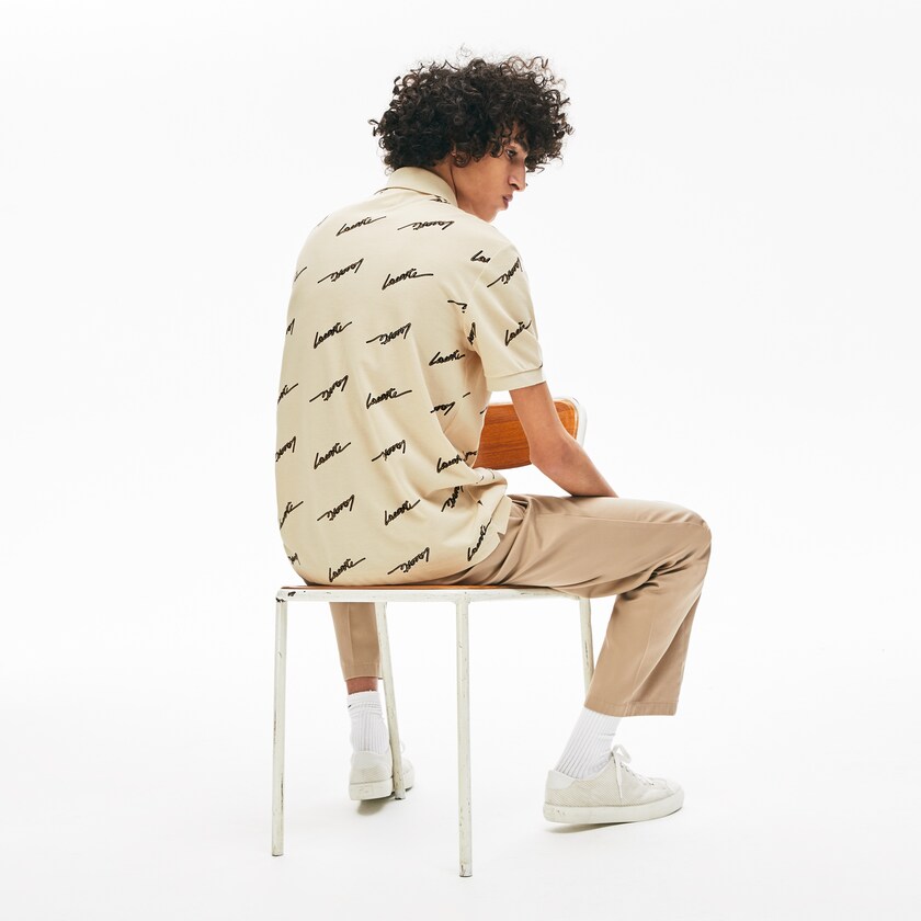 Men's Lacoste Beige Shirts LIVE Standard Fit Print Cotton Piqué Polo XC7-48414Q3