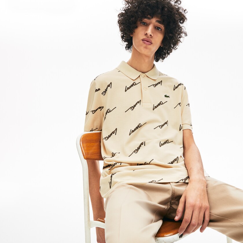 Men's Lacoste Beige Shirts LIVE Standard Fit Print Cotton Piqué Polo XC7-48414Q3