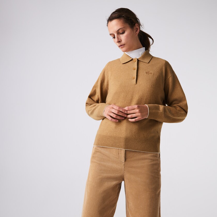 Women's Lacoste Beige Sweaters Polo Collar Wool JN8-08280L5