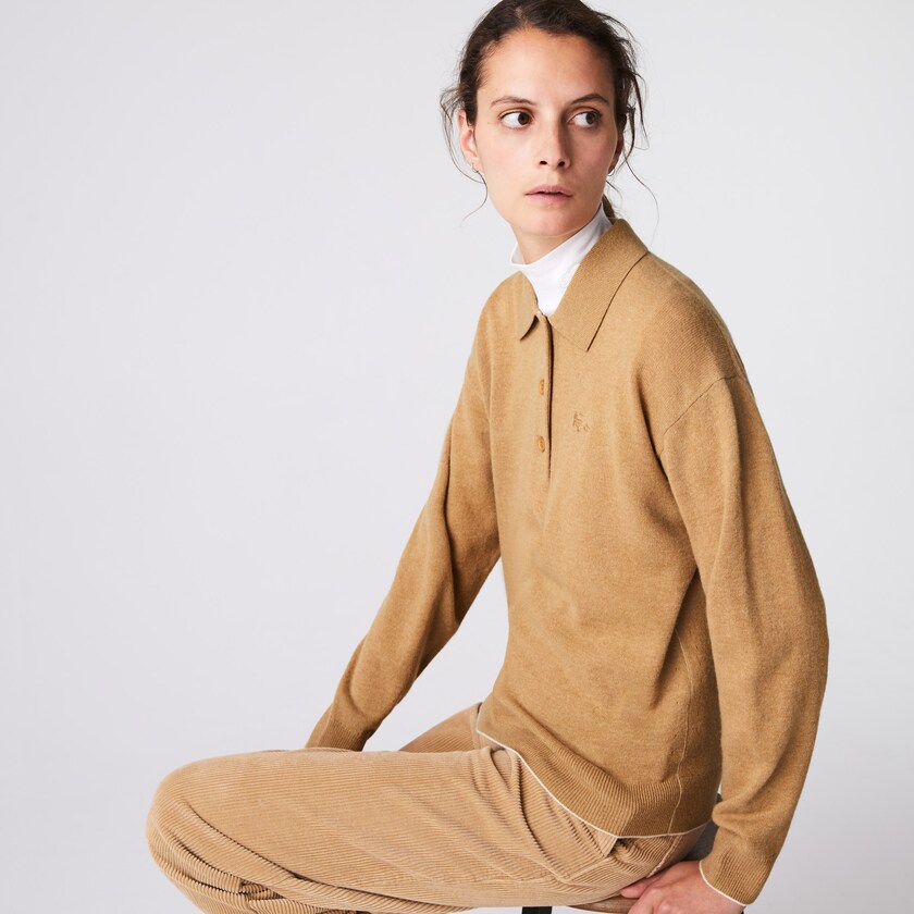 Women's Lacoste Beige Sweaters Polo Collar Wool JN8-08280L5