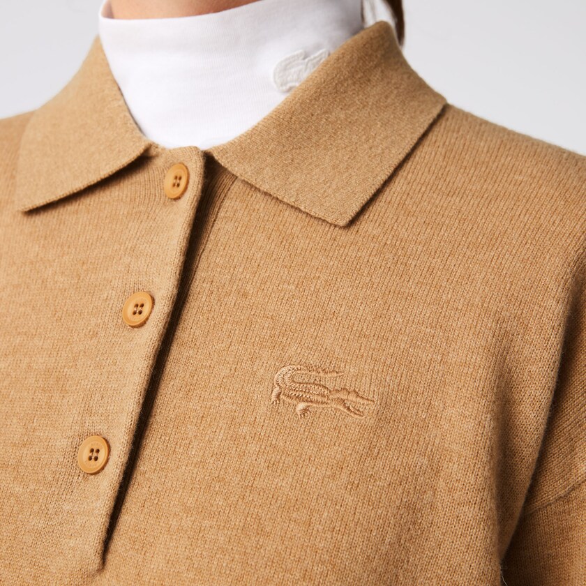 Women's Lacoste Beige Sweaters Polo Collar Wool JN8-08280L5