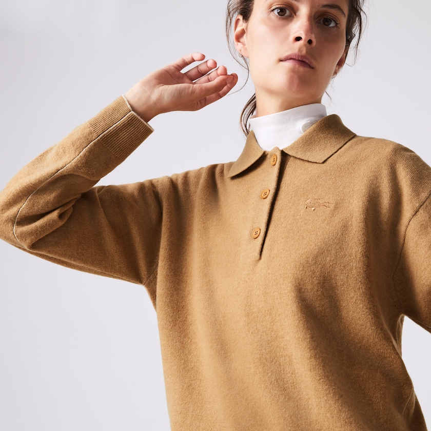 Women's Lacoste Beige Sweaters Polo Collar Wool JN8-08280L5