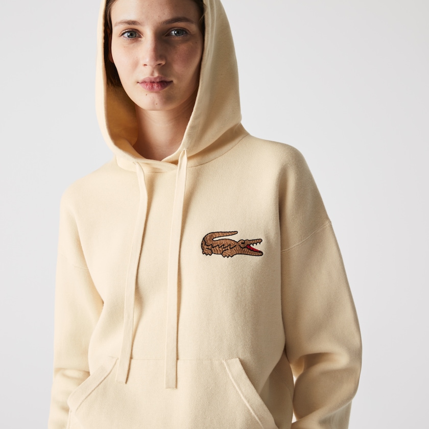 Women's Lacoste Beige Sweaters Relaxed Embroidered Croc Hooded Cotton QI2-23362P3