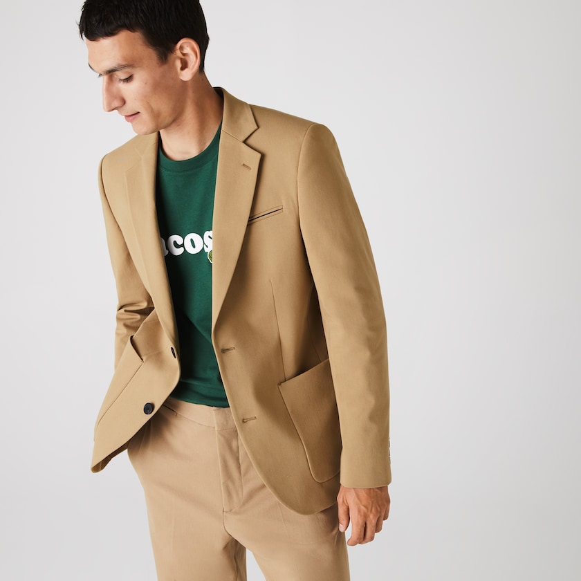 Men's Lacoste Beige Blazers Stretch Buttoned Straight Fit Cotton SU1-55115V7