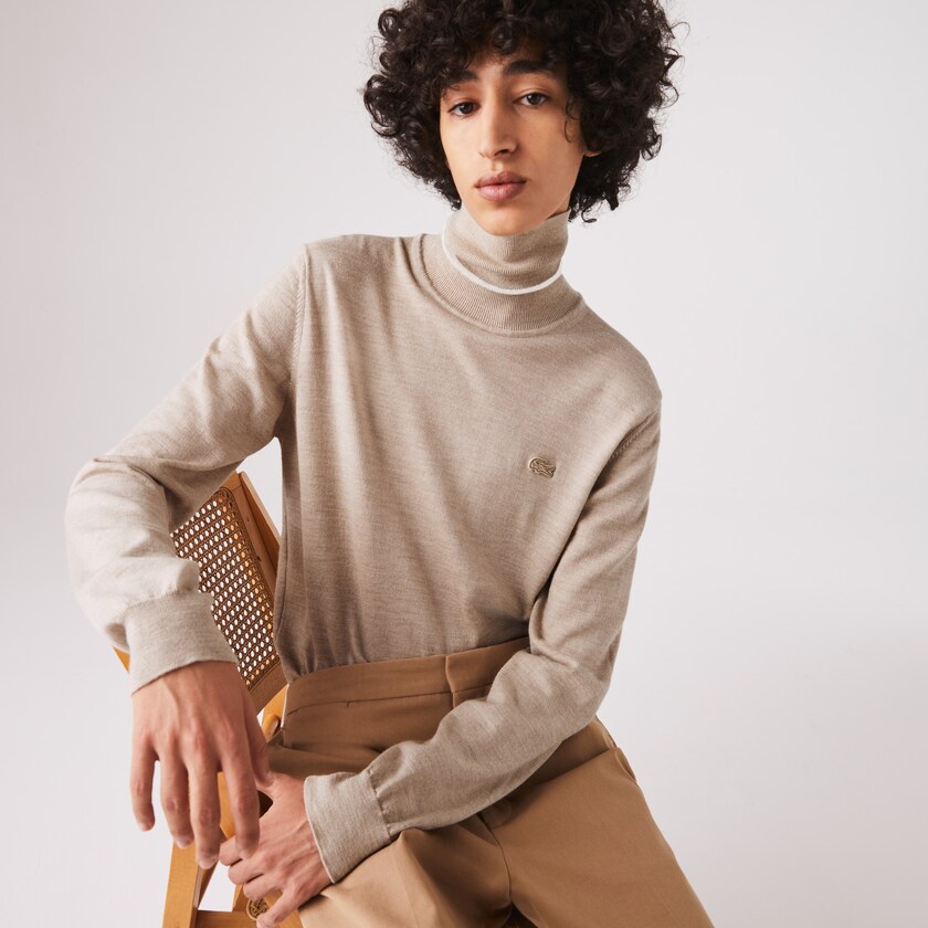 Men's Lacoste Beige Sweaters Turtleneck Merino Wool WF1-90219G7