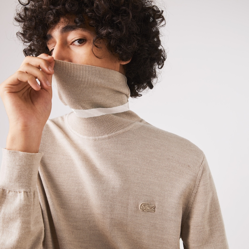 Men's Lacoste Beige Sweaters Turtleneck Merino Wool WF1-90219G7