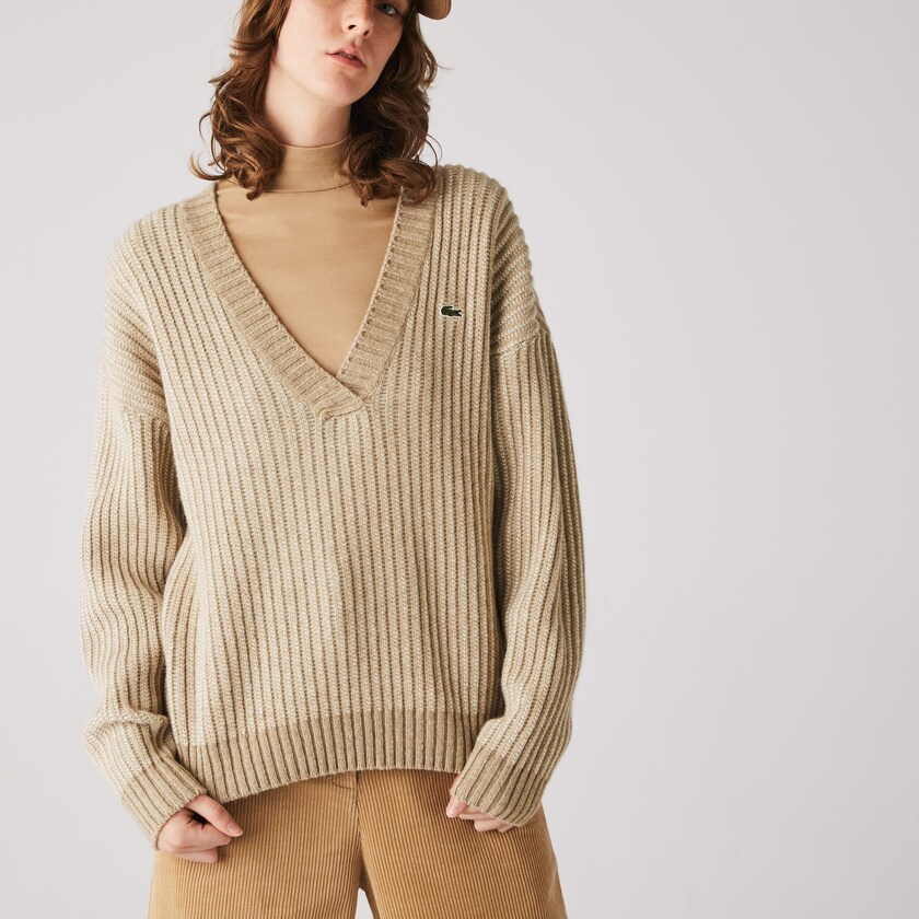 Women's Lacoste Beige Sweaters Two-Tone Low V-Neck Ribbed Wool KJ8-26492C5