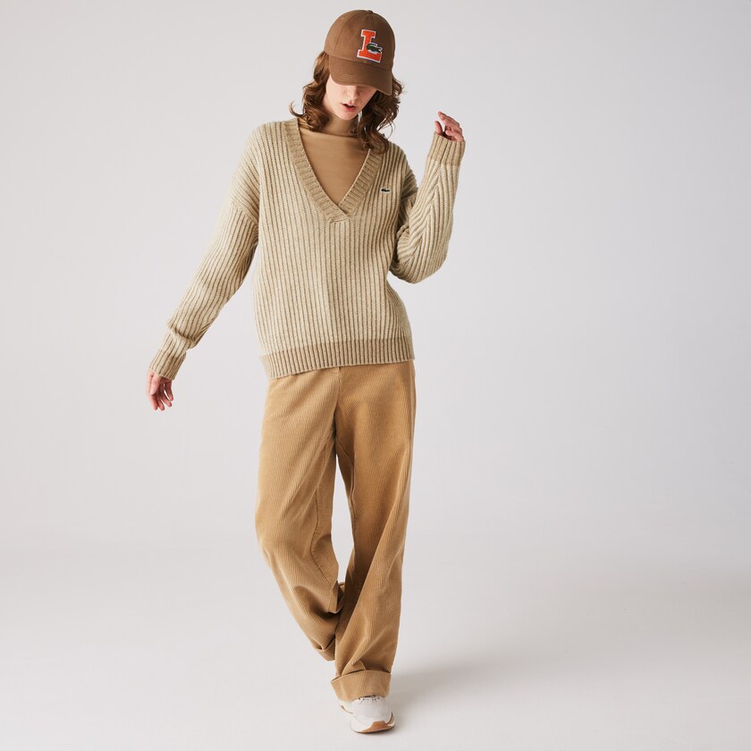 Women's Lacoste Beige Sweaters Two-Tone Low V-Neck Ribbed Wool KJ8-26492C5