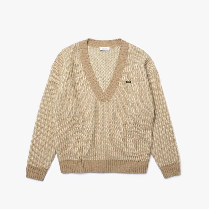 Women's Lacoste Beige Sweaters Two-Tone Low V-Neck Ribbed Wool KJ8-26492C5