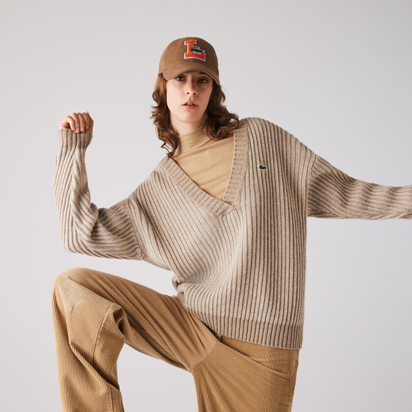 Women's Lacoste Beige Sweaters Two-Tone Low V-Neck Ribbed Wool KJ8-26492C5