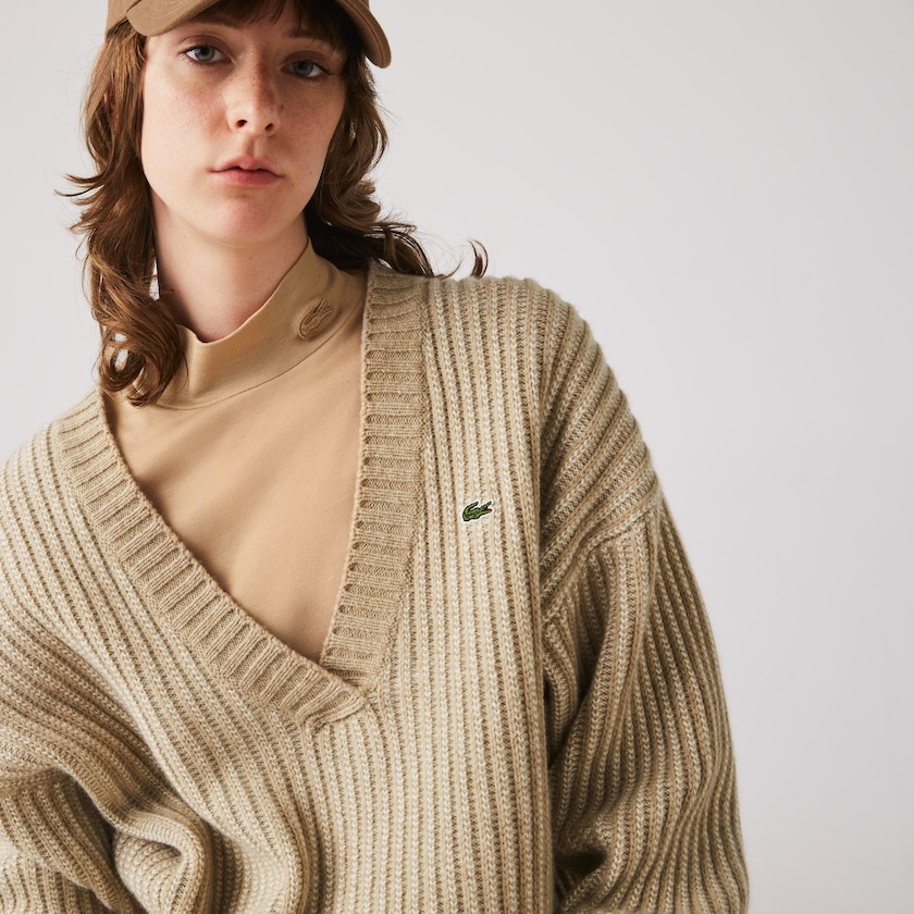 Women's Lacoste Beige Sweaters Two-Tone Low V-Neck Ribbed Wool KJ8-26492C5