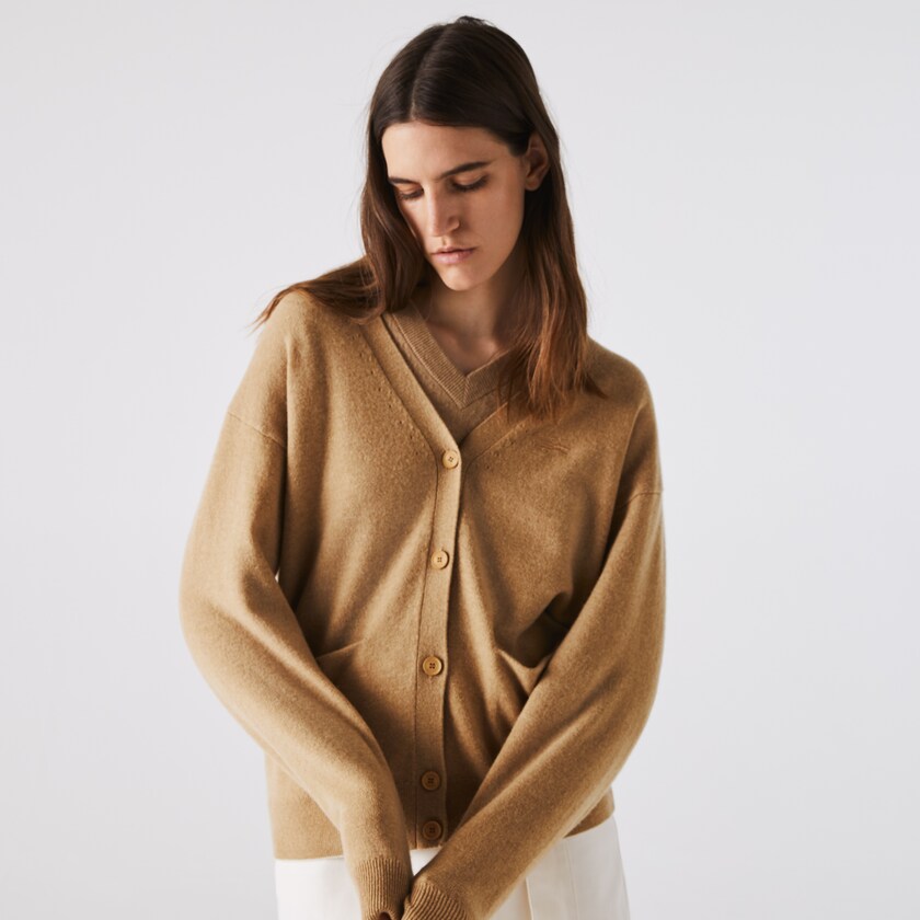 Women's Lacoste Beige Sweaters V-Neck Buttoned Wool Cardigan CL5-41564I9