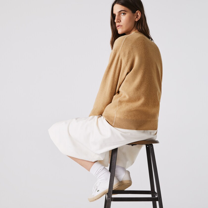 Women's Lacoste Beige Sweaters V-Neck Buttoned Wool Cardigan CL5-41564I9