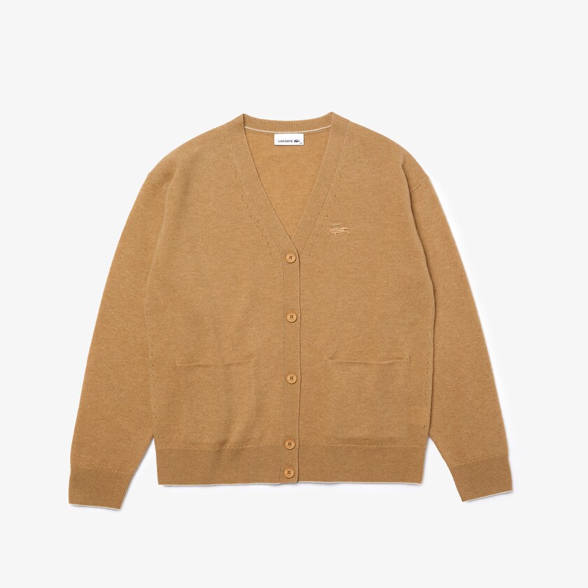 Women's Lacoste Beige Sweaters V-Neck Buttoned Wool Cardigan CL5-41564I9