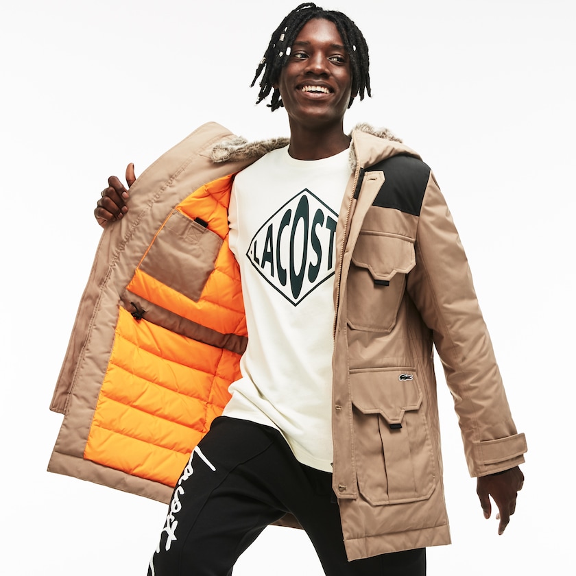 Men's Lacoste Beige / Black Parka Jackets LIVE Water-Resistant Canvas Quilted SY7-65406Z2