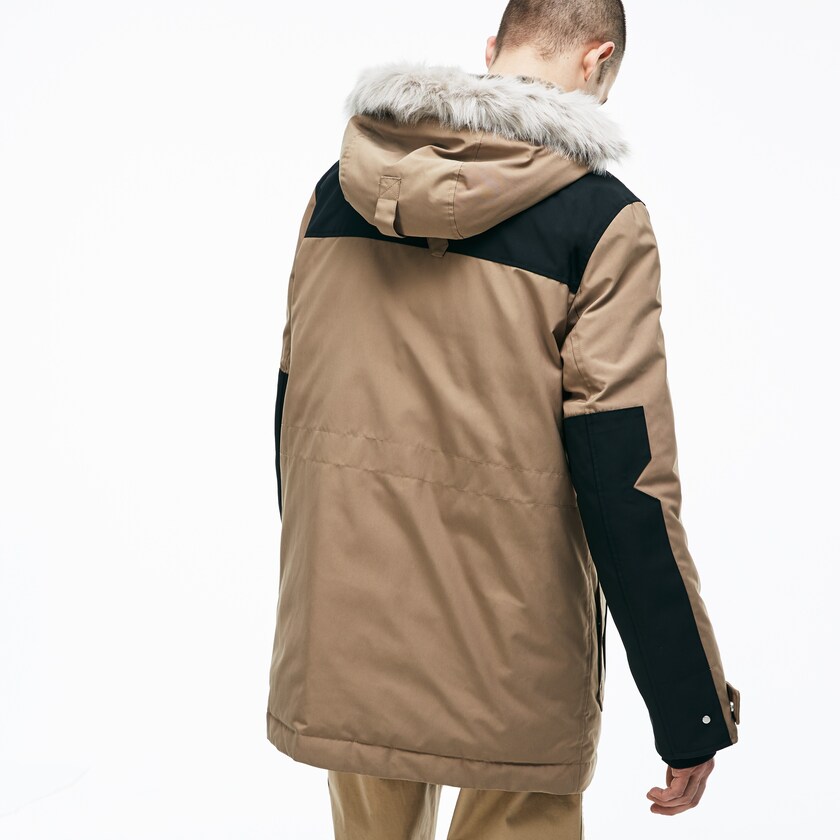 Men's Lacoste Beige / Black Parka Jackets LIVE Water-Resistant Canvas Quilted SY7-65406Z2