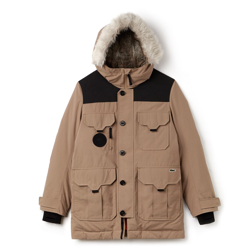 Men's Lacoste Beige / Black Parka Jackets LIVE Water-Resistant Canvas Quilted SY7-65406Z2