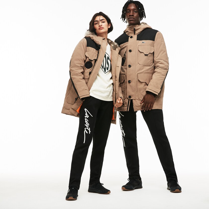 Men's Lacoste Beige / Black Parka Jackets LIVE Water-Resistant Canvas Quilted SY7-65406Z2