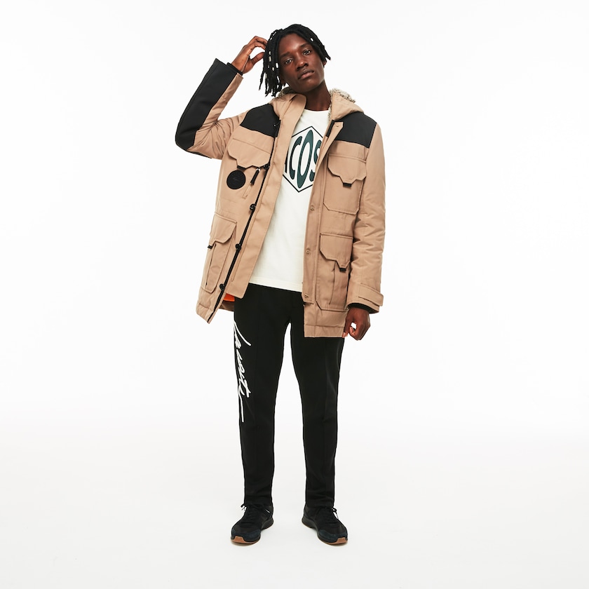 Men's Lacoste Beige / Black Parka Jackets LIVE Water-Resistant Canvas Quilted SY7-65406Z2