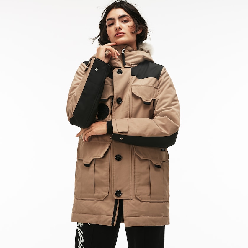 Men's Lacoste Beige / Black Parka Jackets LIVE Water-Resistant Canvas Quilted SY7-65406Z2