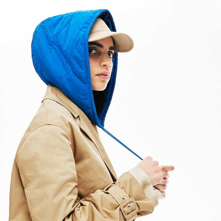 Women's Lacoste Beige / Blue Coats LIVE Contrast Hood 2-in-1 Trench QB1-27162Q8
