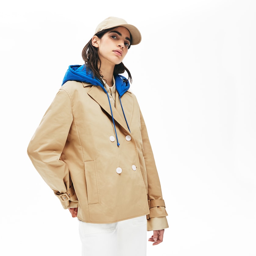 Women's Lacoste Beige / Blue Coats LIVE Contrast Hood 2-in-1 Trench QB1-27162Q8