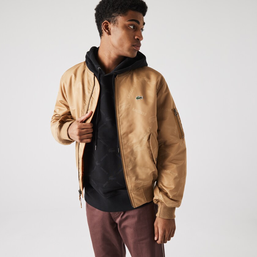 Men's Lacoste Beige / Orange Jackets LIVE Reversible Monogram Patterned Bomber RQ4-14621S6