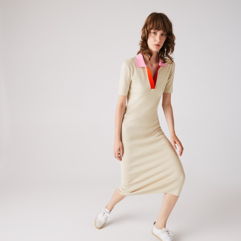 Women's Lacoste Beige / Pink / Red Dress Polo Collar Two-Tone Cotton Knit Long Sweater YA5-20052C9