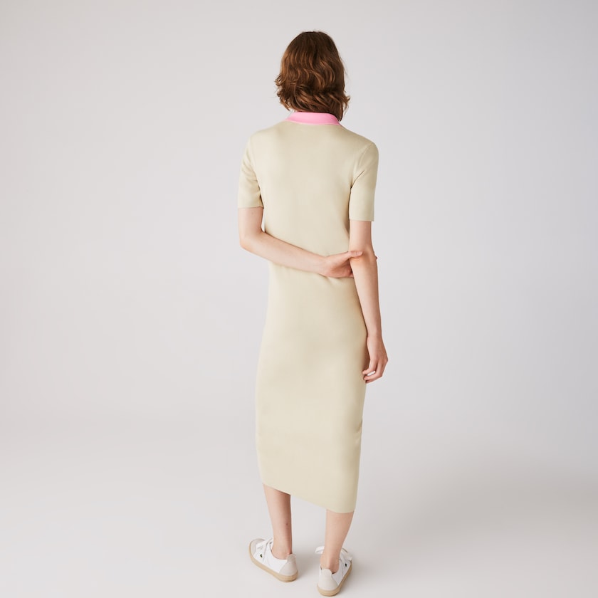 Women's Lacoste Beige / Pink / Red Dress Polo Collar Two-Tone Cotton Knit Long Sweater YA5-20052C9